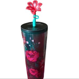 Starbucks Holiday 2022 Enchanted Forest Tumbler w/Poinsettia Flower Straw Topper